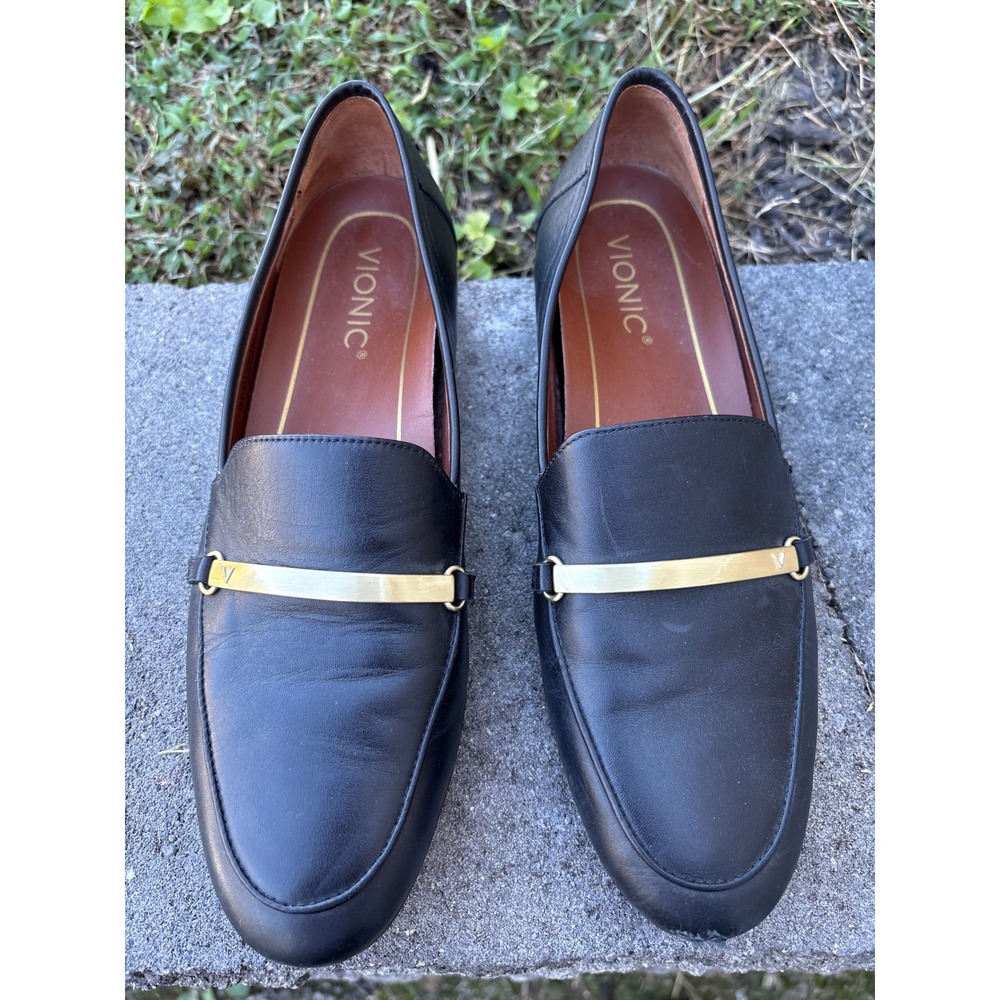 Vionic Evie Black Leather Loafers Gold Bar Slip On Shoes Womens 8.5